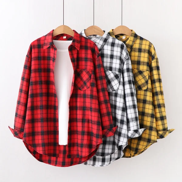 Women's Cotton Flannel Plaid Shirt - Loose Casual Fit