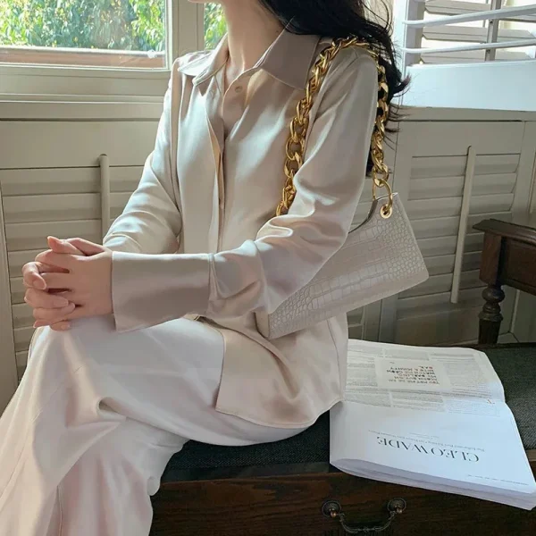 French Satin Office Blouse - Women's Elegant