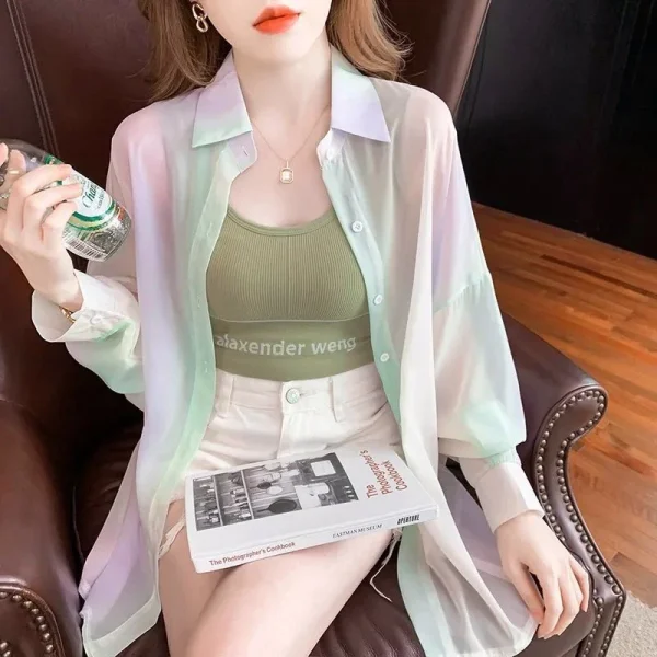Women's Rainbow Gradient Sheer Blouse - Turn-Down Collar