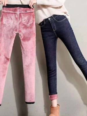 2023 Women Thermal Jeans Winter Snow Warm Plush Stretch Jeans Lady Skinny Thicken Fleece Denim Long Pants Retro Pencil Trousers