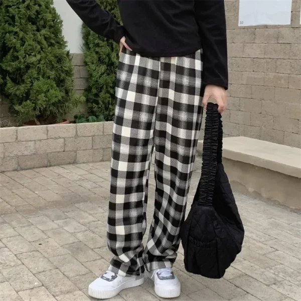 Korean Style Wide Leg Pants - Cashmere Plaid Winter