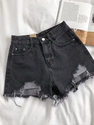 Korean Denim Shorts Women Summer Fashion Casual High Waist Ripped Jeans Pocket Tassel Y2K Hot Pants Streetwear Blue Trousers