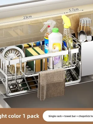 Stainless Steel Kitchen Sink Organizer | Faucet Caddy with Self-Draining Sponge Holder, Towel Rack & Compact Storage Solution