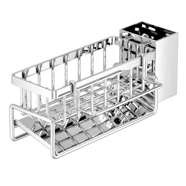 Stainless Steel Kitchen Sink Organizer | Faucet Caddy with Self-Draining Sponge Holder, Towel Rack & Compact Storage Solution