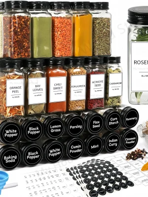 12-Piece Spice Jar Set – Glass Containers with Labels & Black Shaker Lids