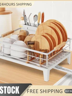 Upgrade Dish Racks for Kitchen Counter Carbon Steel Dish Drainer with Removable Cutlery Holder & Drainboard, White