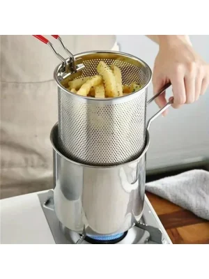 Stainless steel fryer with French fries and chicken wings