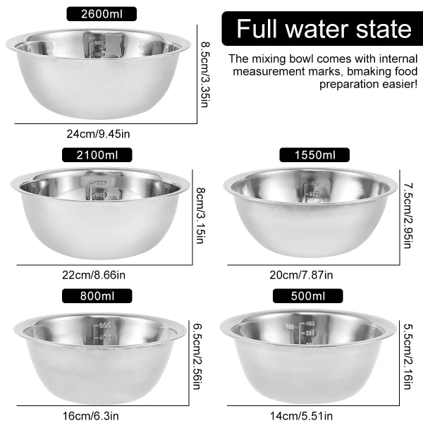 5Pcs Salad Mixing Bowl Set Stainless Steel Multipurpose