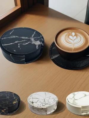 6PCS Marble-Style Faux Leather Coasters with Holder
