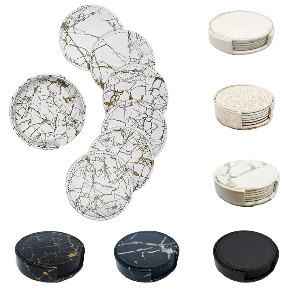 6PCS Marble-Style Faux Leather Coasters with Holder