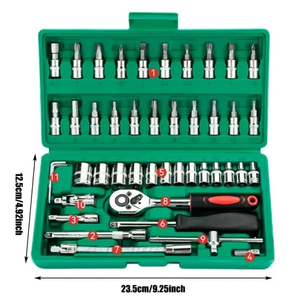 46PC 1/4" Drive Socket & Ratchet Wrench Set – Metric Tool Kit for Auto & Home