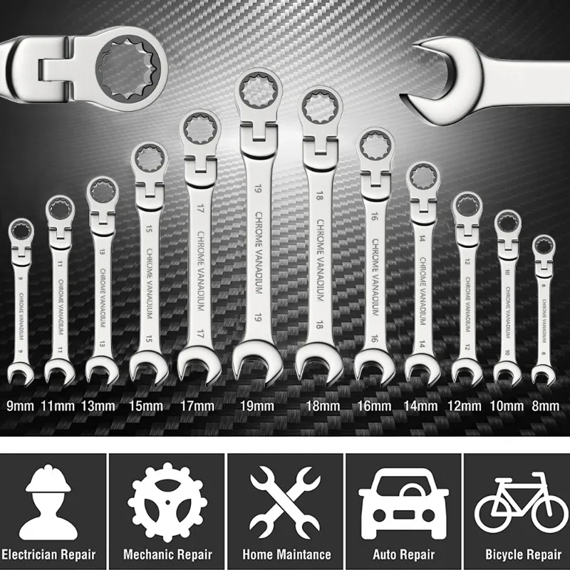 Ratcheting Wrench Set 6–22mm – Metric Flex-Head Spanners with Storage Bag