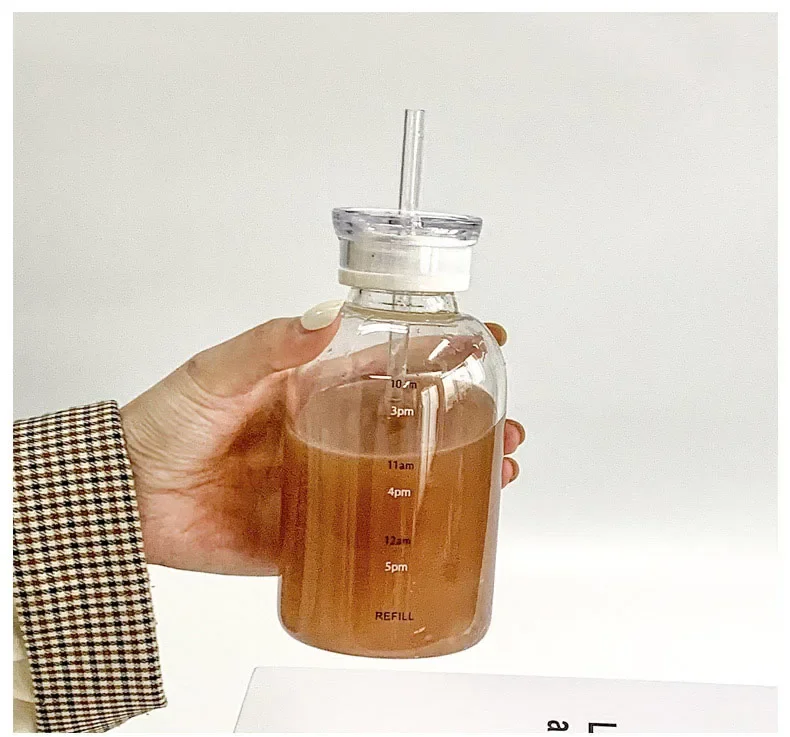 Bestselger 450/750 ml Glassflaske – Transparent, Kawaii med 2 Lokker og Sugerør