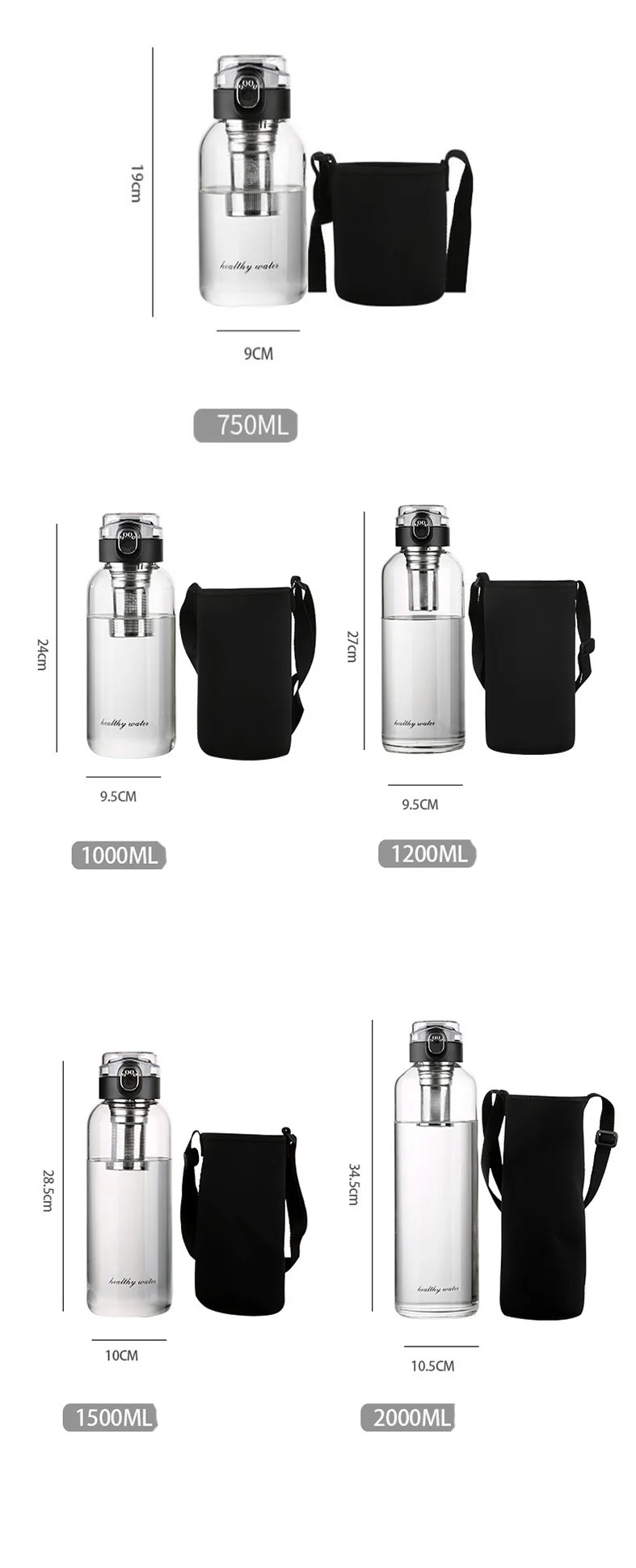 Large Capacity Portable Borosilica Glass Bottle With Tea Infuser Filter