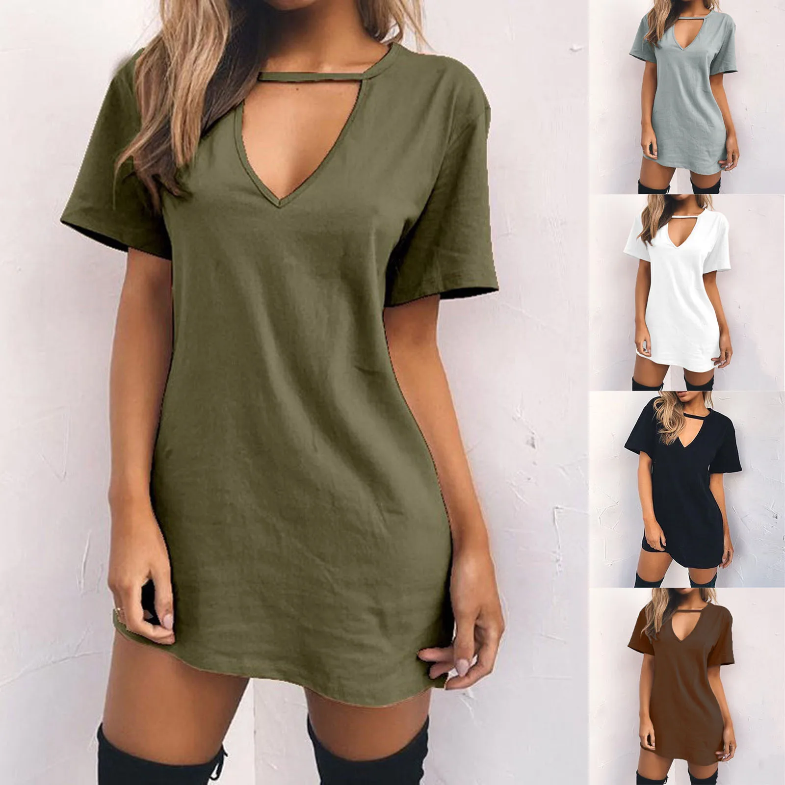 Elegant Mini Kjole – Wrapstil med Kort Erme og Dyp Utringning