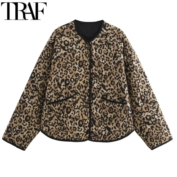TRAF leopardjakke for dame – vattert parkas med dyreprint og lange ermer