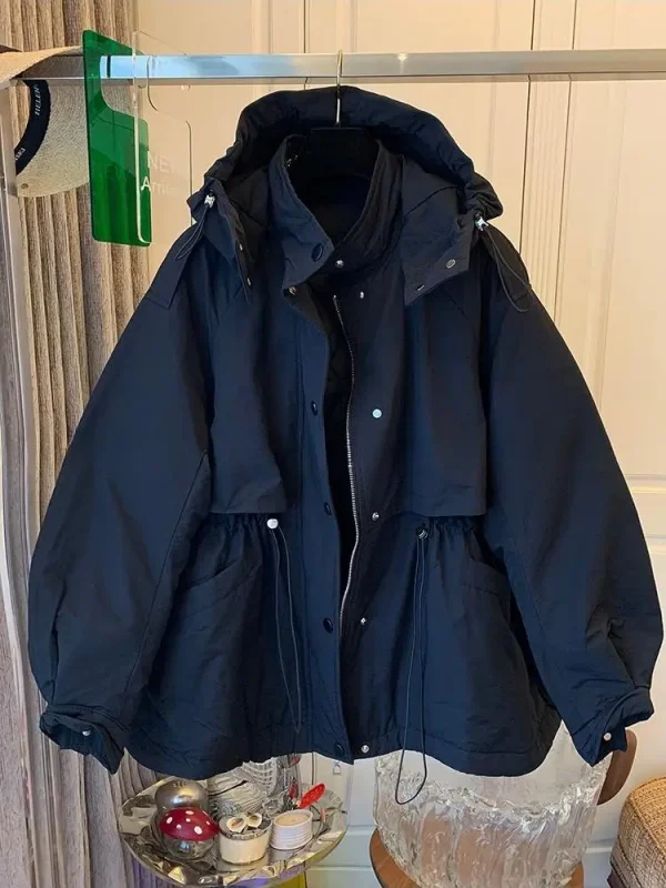 Vinterparkas dame – varm, oversized jakke med hette og bomullsform i retro koreansk stil.
