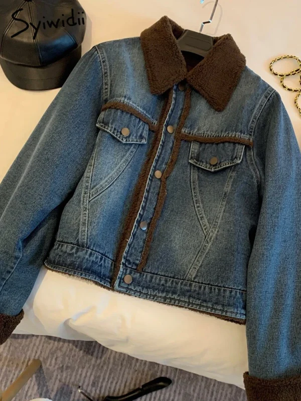 Syiwidii  denimjakke med krage og fuskepels, vintermote med knapper.