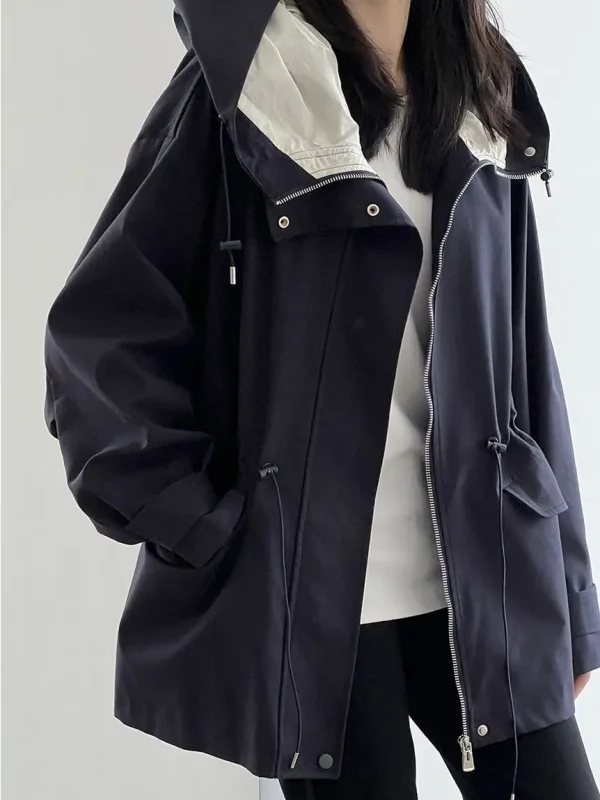 Cotton Khaki Hooded Trench Coat Women's Autumn And Winter New Short Coat Retro Casual Loose Top