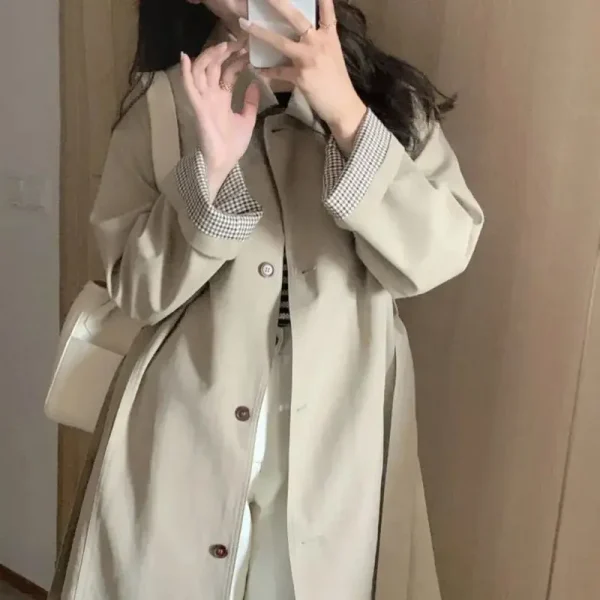 Høst/vinter trenchcoat dame – løs passform, langermet med krage, koreansk stil