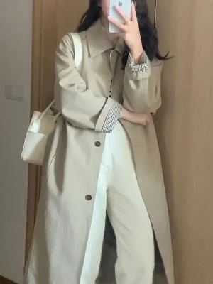 Høst/vinter trenchcoat dame – løs passform, langermet med krage, koreansk stil