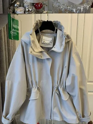 Koreansk vintage vindjakke dame – kort, oversized jakke med hette, glidelås og snøring