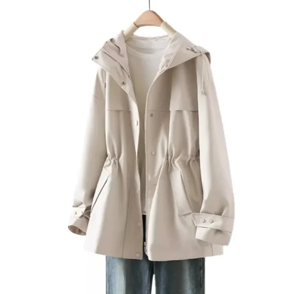 koreansk trenchcoat dame – hette, ensfarget, casual vindjakke med snøring i midjen