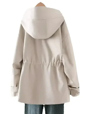 koreansk trenchcoat dame – hette, ensfarget, casual vindjakke med snøring i midjen