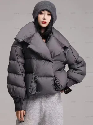 Lagabogy 2025 vinterjakke dame – kort, 90% hvit dun, varm streetwear parkas med avtagbare ermer