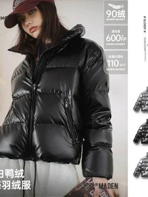 Maden Casual Shiny 90% White Duck Down Jacket Short Stand-up Collar Warm Puffer Jacket for Women Fall and Winter Thickened Coat