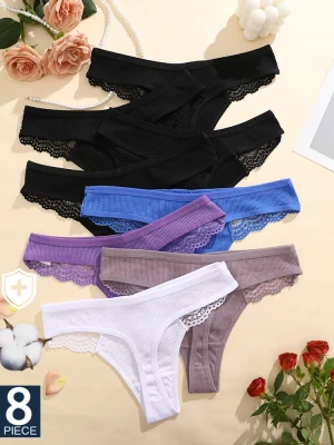 FINETOO 8pk Dameundertøy – Bomull G-streng med Blonder, Lav Midje, Sexy og Pustende