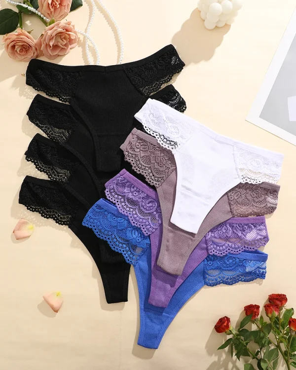 FINETOO 8pk Dameundertøy – Bomull G-streng med Blonder, Lav Midje, Sexy og Pustende