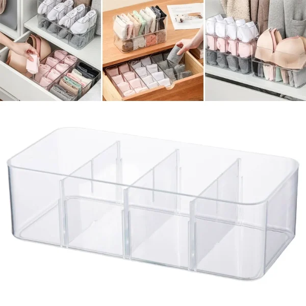 Q1QC Clear Acrylic Underwear Drawer Box 4/8 Grids Compartment Divided Closet Storage Bin Stackable Shelf for Socks