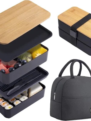 1200 ml japansk bento-lunsjboks med trelokk – delt, dobbel lag, mikrobølgesikker