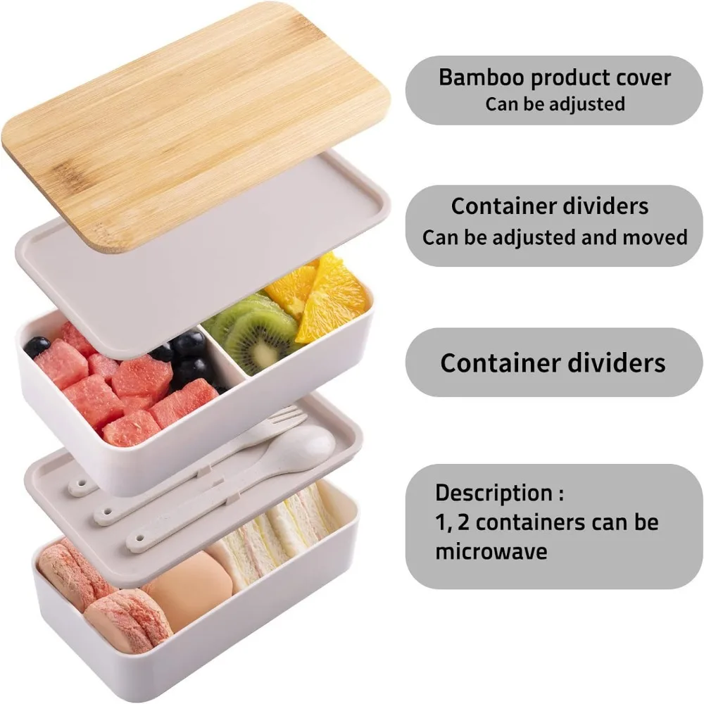 1200 ml japansk bento-lunsjboks med trelokk – delt, dobbel lag, mikrobølgesikker