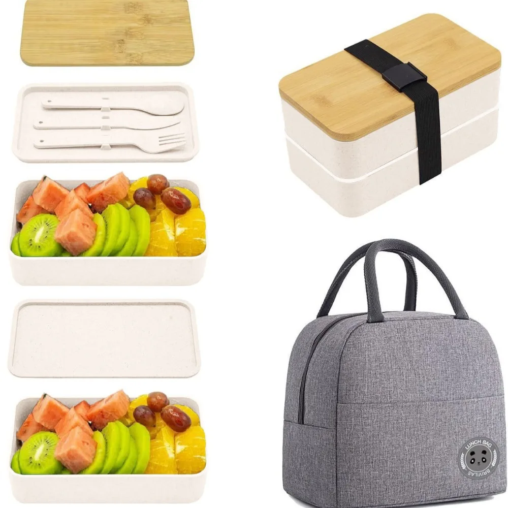 1200 ml japansk bento-lunsjboks med trelokk – delt, dobbel lag, mikrobølgesikker