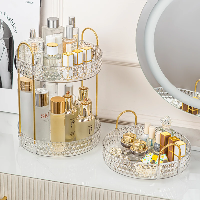 360° Rotating Cosmetic Organizer 3 Tier Transparent Diamond Pattern Cosmetic Rack Bathroom Cosmetic Vanity Organizer Countertop
