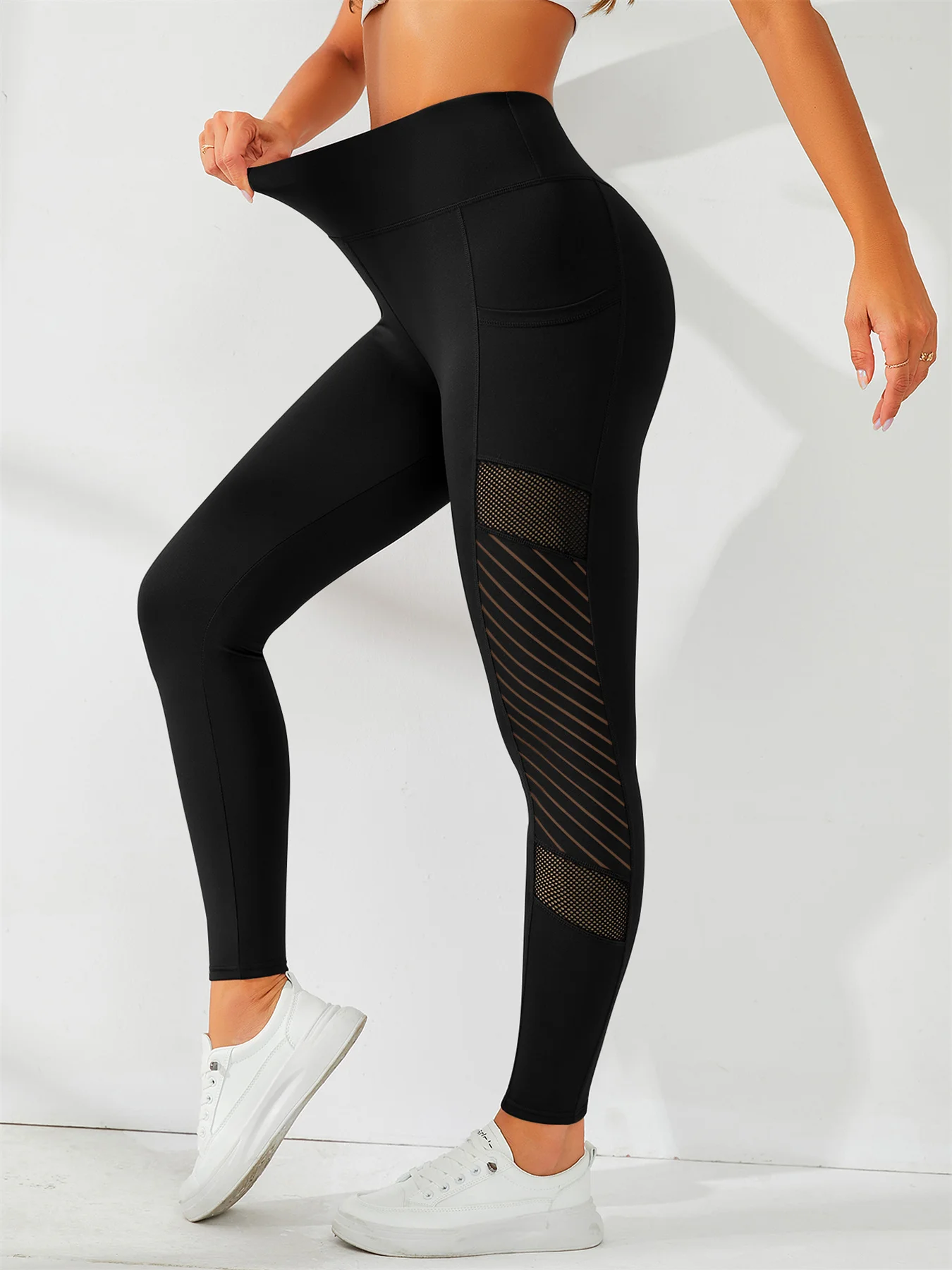 Yoga Tights Dame med Mesh og Lommer – Pustende og Elastisk Treningstights