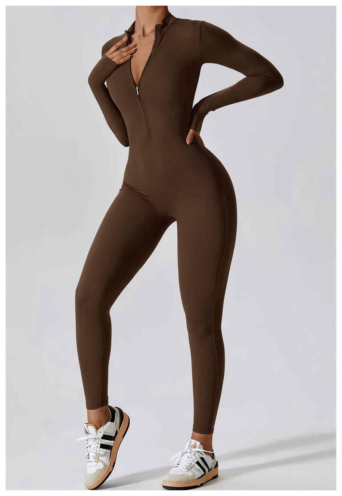Dame Jumpsuit med Glidelås – Langermet One-Piece Treningstøy Til Gym & Yoga