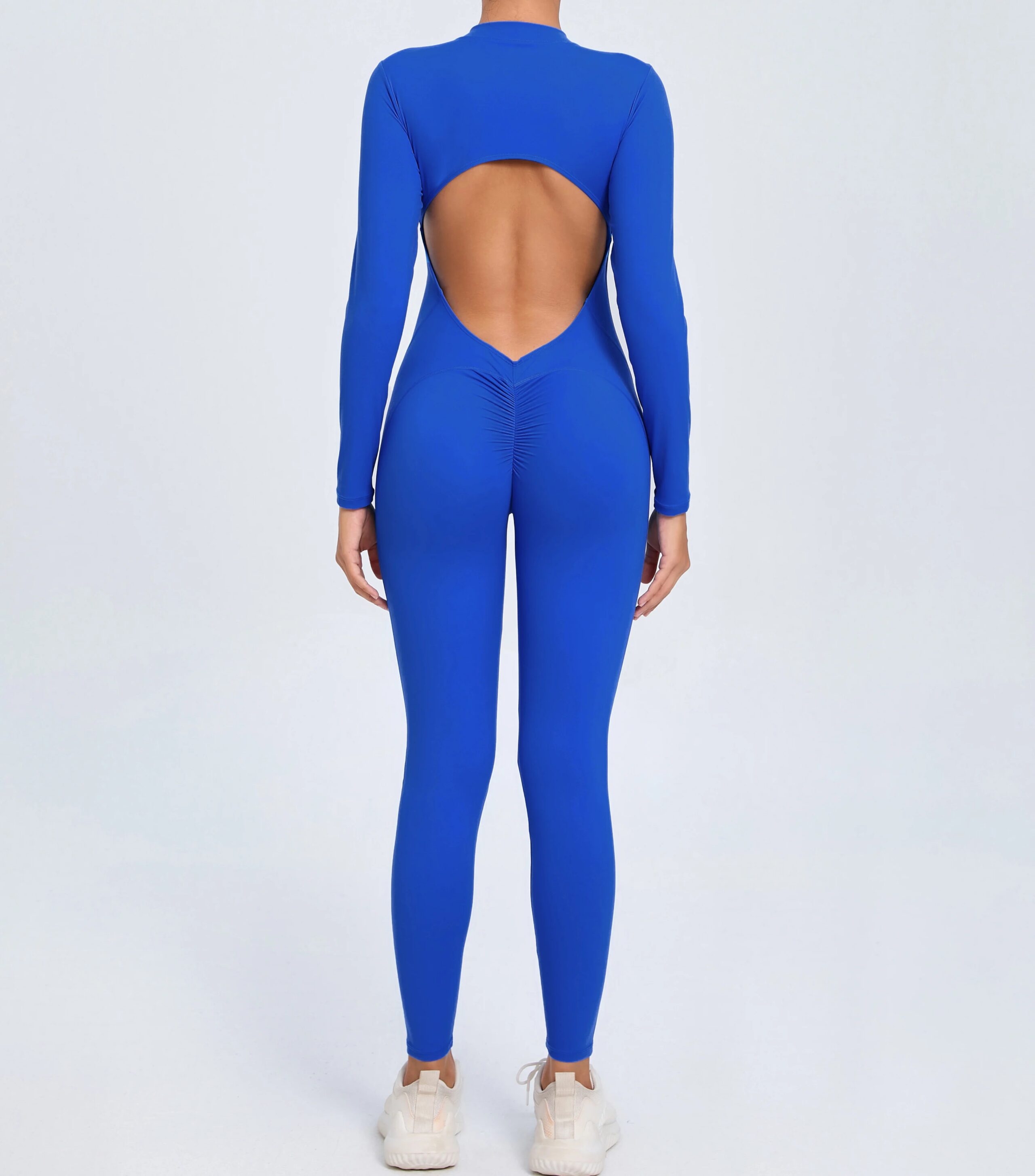 Dame Treningsoverall – Tettsittende Yoga Jumpsuit med Glidelås & Åpen Rygg