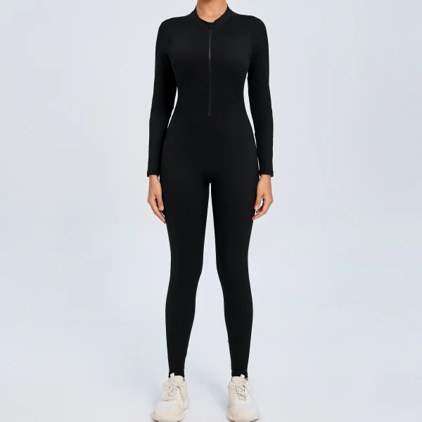 Dame Treningsoverall – Tettsittende Yoga Jumpsuit med Glidelås & Åpen Rygg