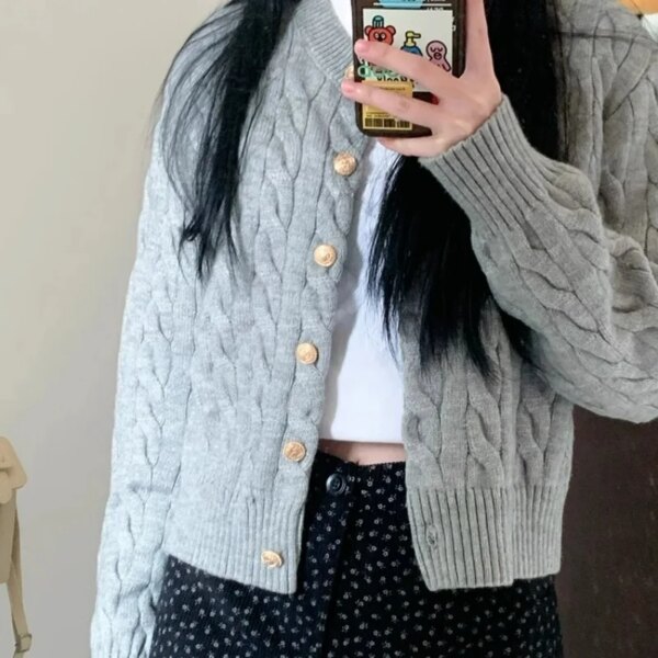 Vintage Langermet Cardigan Dame 2024 – Elegant Grå Strikket Genser