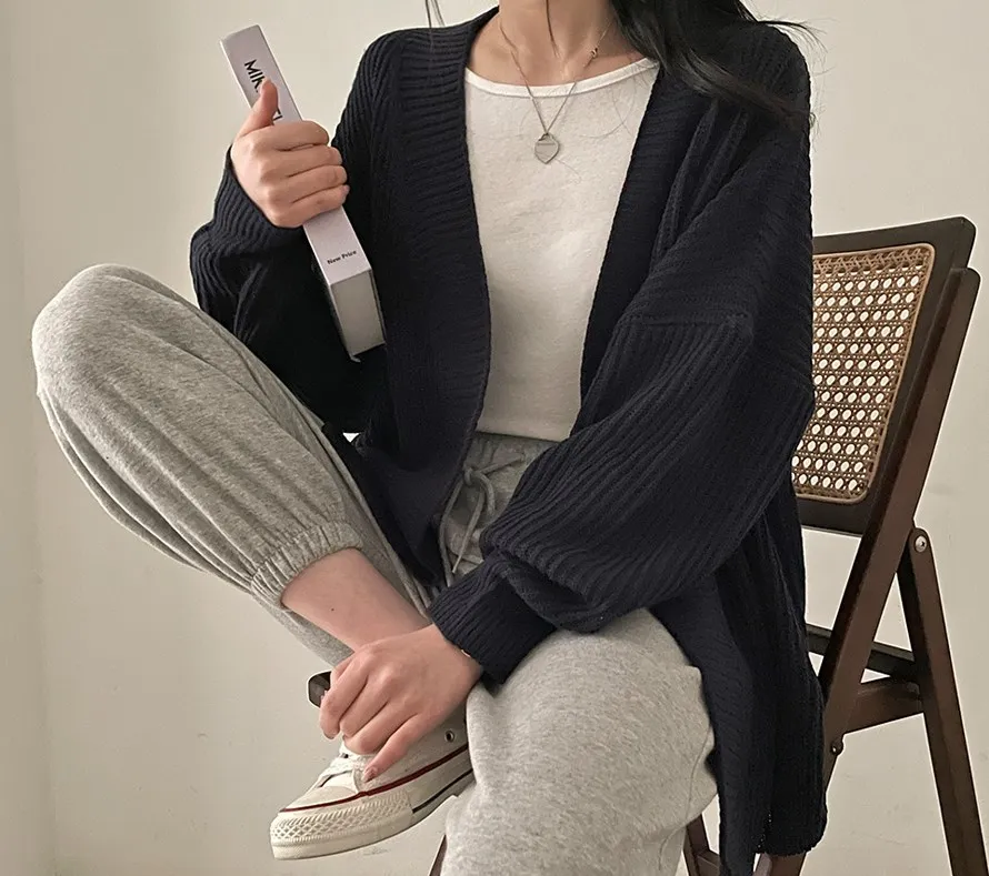 Slouchy Strikket Cardigan Dame – Langermet Ribbestrikket Åpen Front