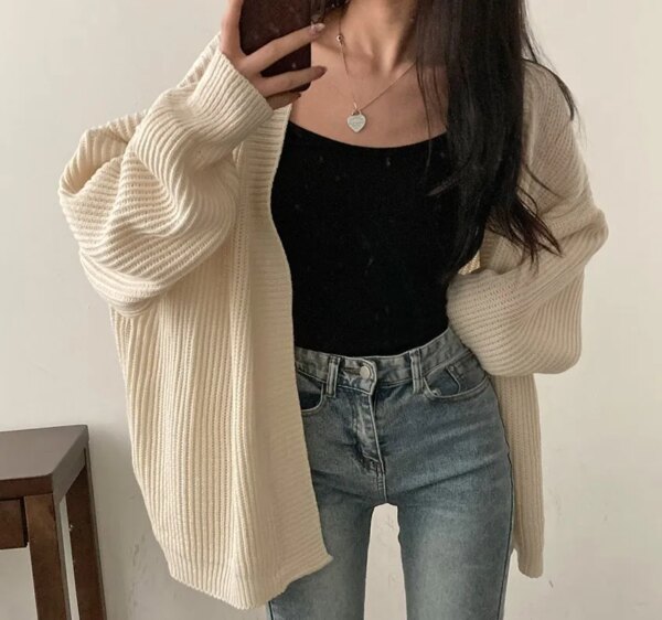 Slouchy Strikket Cardigan Dame – Langermet Ribbestrikket Åpen Front
