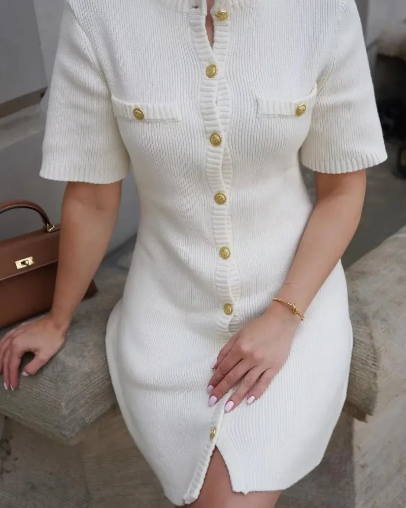Trendix Elegant Mini Strikkekjole Dame – Slim, Høyt Liv, Kort Erme