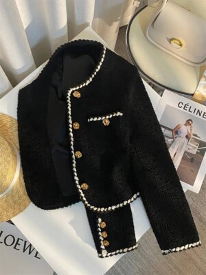 Vintage Tweedjakke Dame – Elegant Kort Blazer i Sort