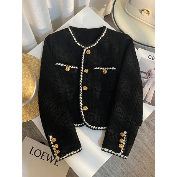 Vintage Tweedjakke Dame – Elegant Kort Blazer i Sort