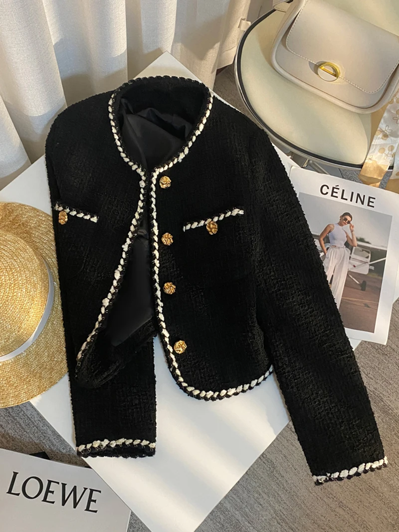 Vintage Tweedjakke Dame – Elegant Kort Blazer i Sort